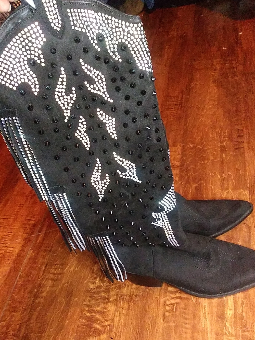 Nasty Gal Black Studded Western Knee-High Boots with Light blue & Silver Accents